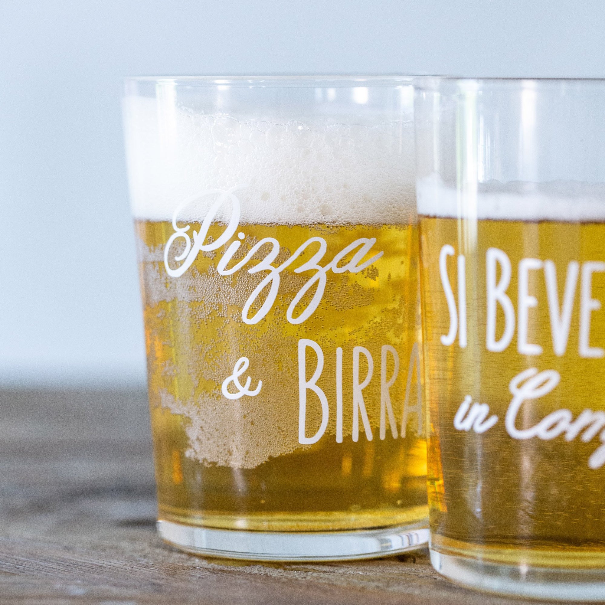 Set 6 bicchieri birra decoro "Pizza e birra", trasparente con scritta in bianco. Simple day