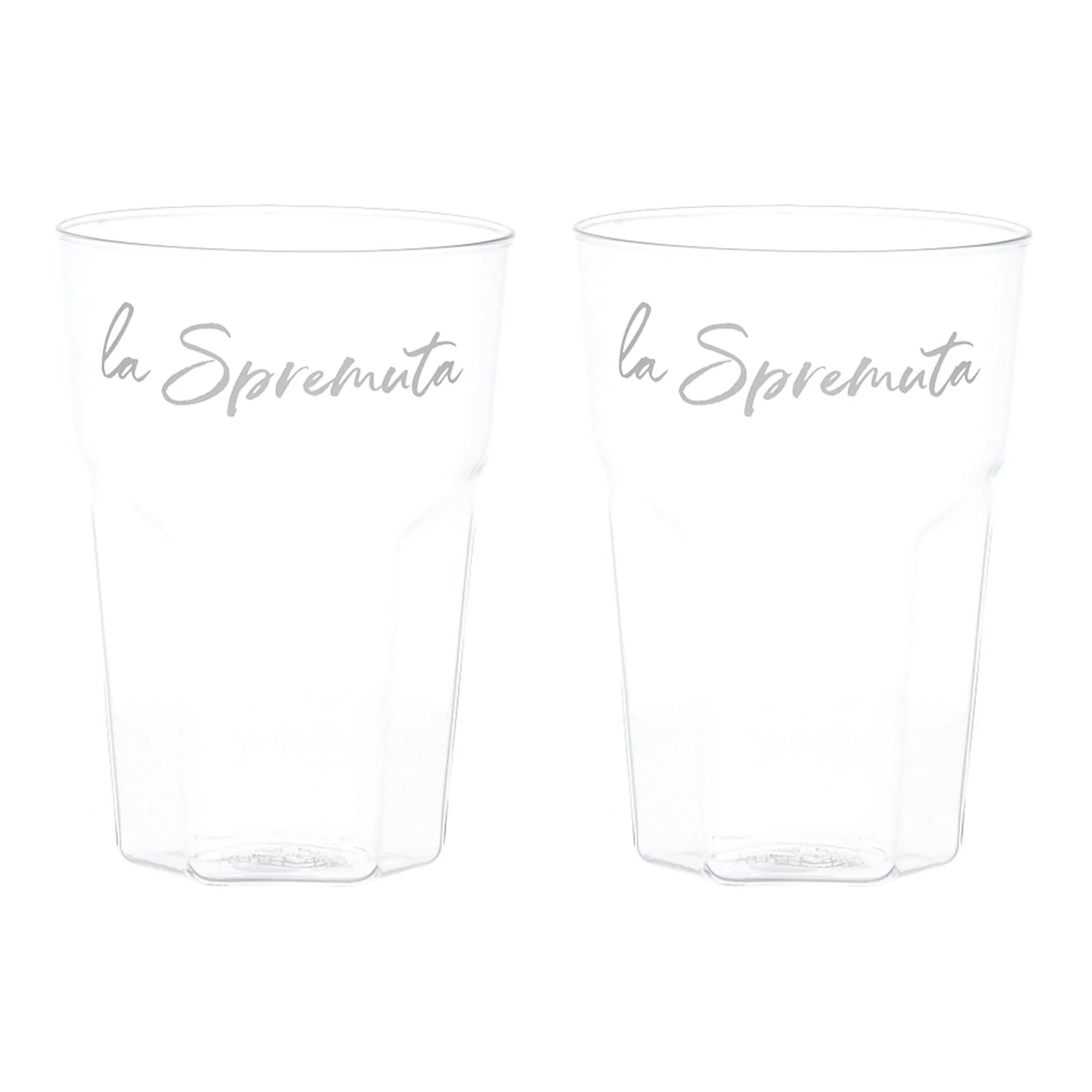 Set 2 bicchieri, scritta bianco, "La spremuta" in vetro borosilicato, trasparente. Simple day