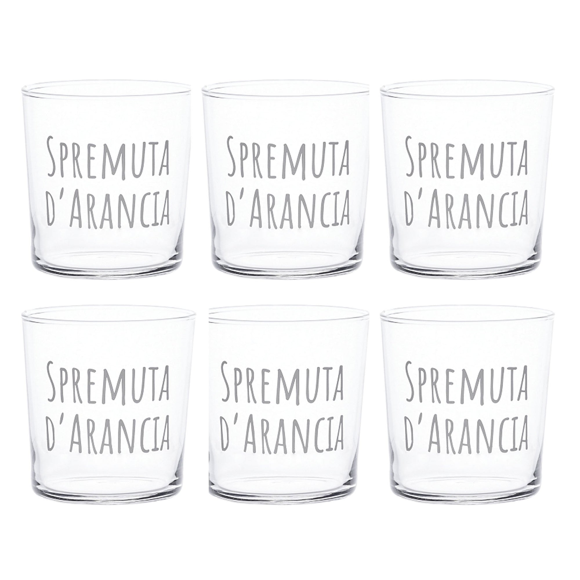 Set 6 bicchieri decoro "Spremuta d'arancia", trasparente con scritta in bianco. Simple day
