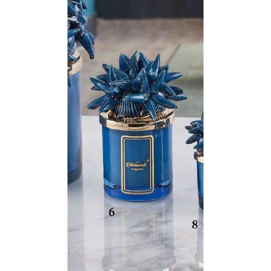 Candela grande 300 gr. con tappo stelle marine, colore blu, in porcellana Capodimonte. Melaverde