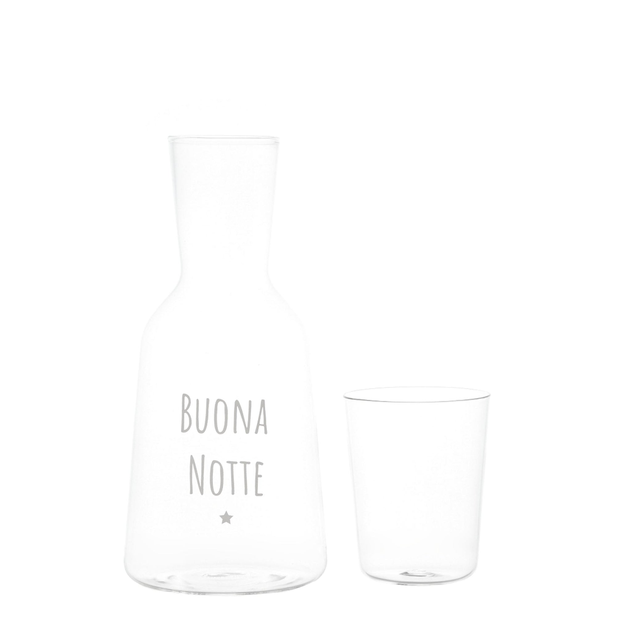 Bottiglia con bicchiere in vetro borosilicato decoro "Buona notte" trasparente. Simple day