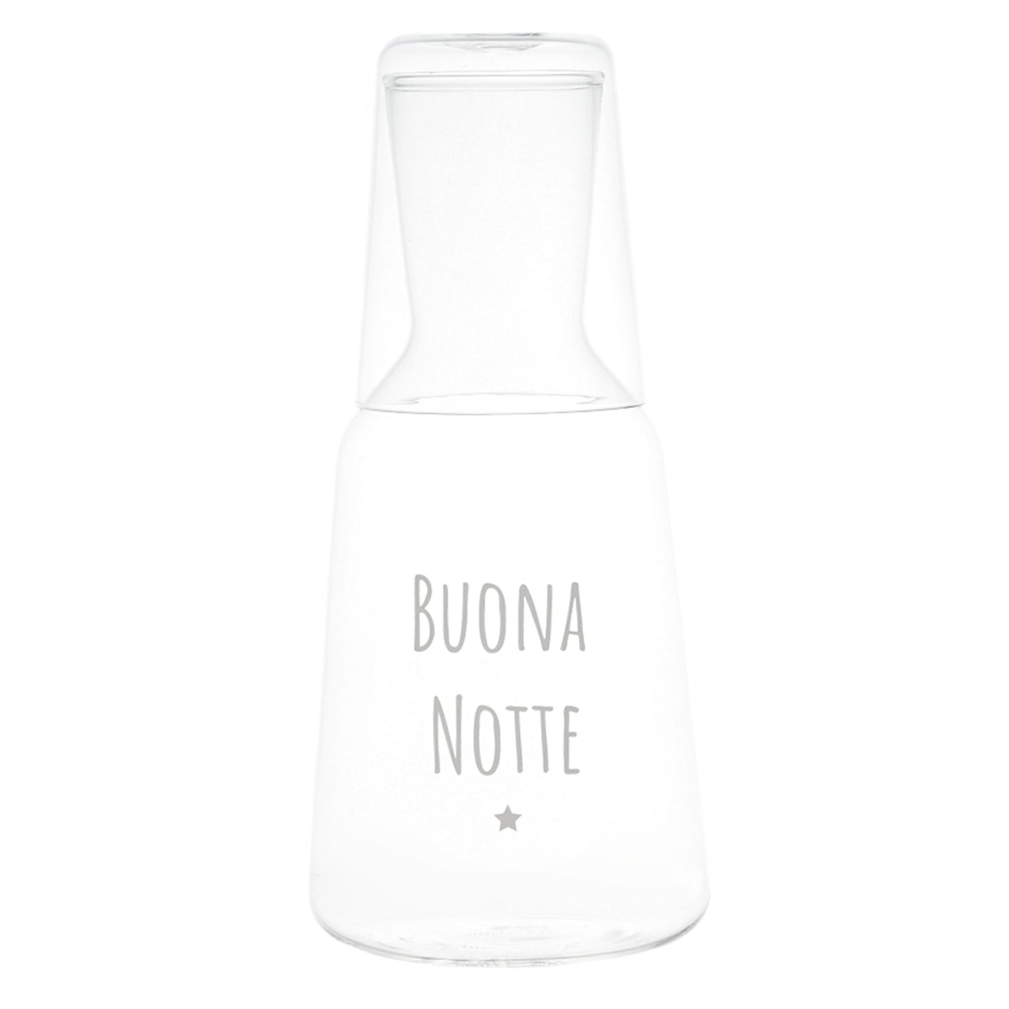 Bottiglia con bicchiere in vetro borosilicato decoro "Buona notte" trasparente. Simple day