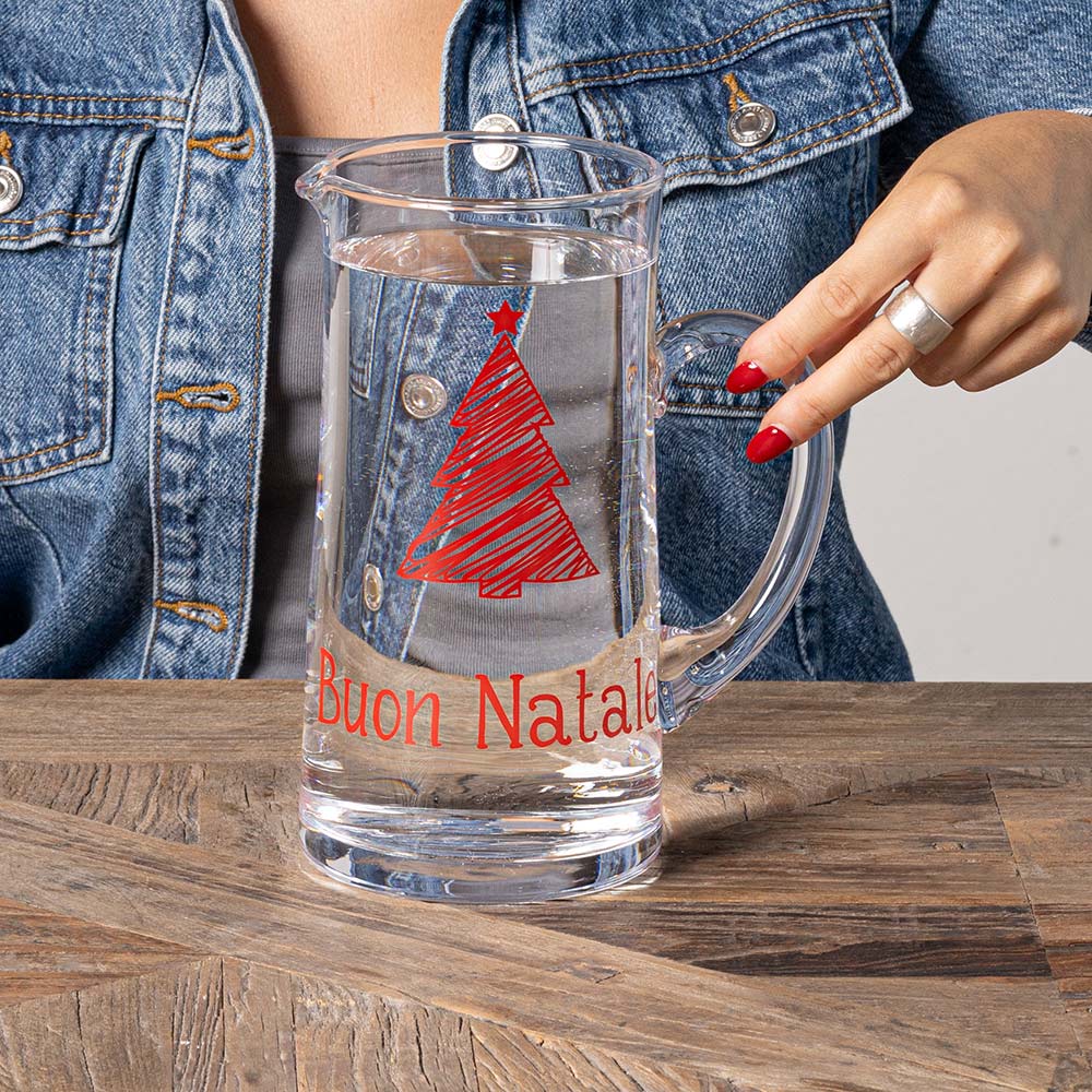 Brocca in vetro decoro "Buon Natale", trasparente con scritta e albero in rosso. Simple day