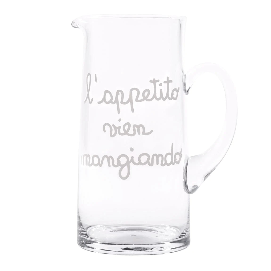 Brocca in vetro decoro "L'appetito vien mangiando" 1,2lt., trasparente con scritta in bianco. Simple day