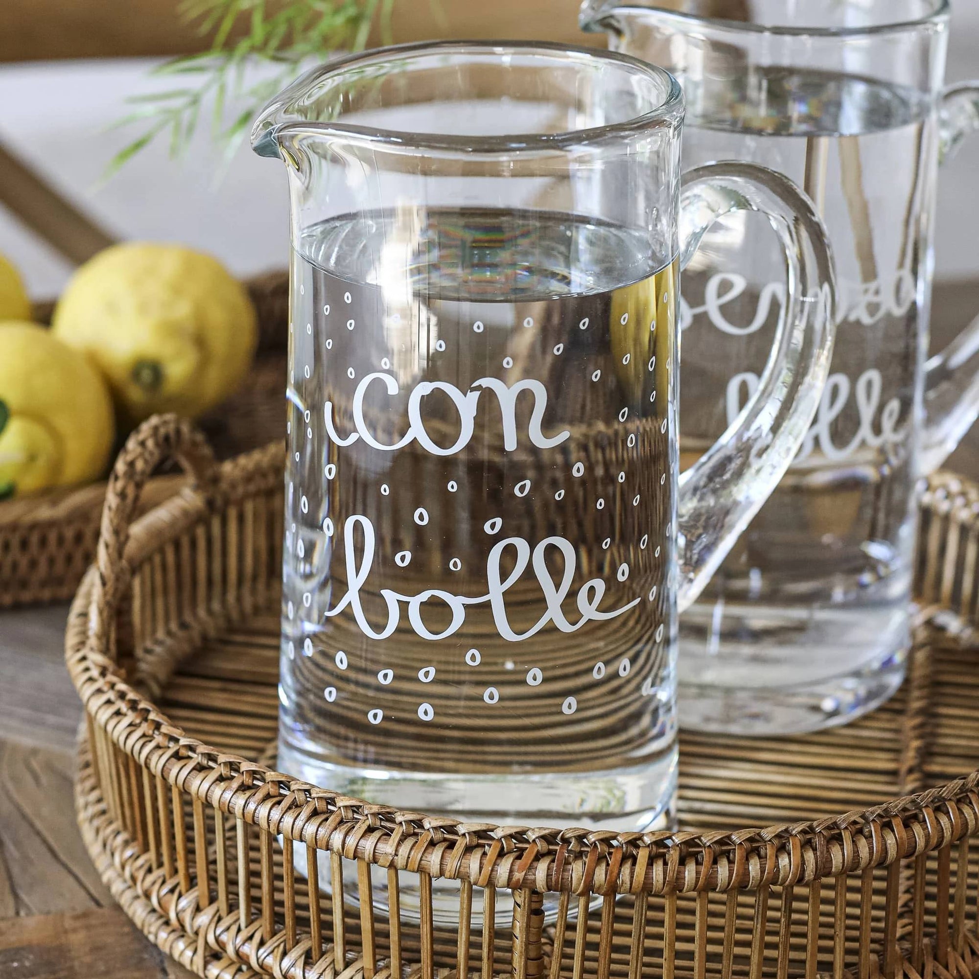 Brocca in vetro decoro "Con bolle" 1,2lt., trasparente con scritta in bianco. Simple day