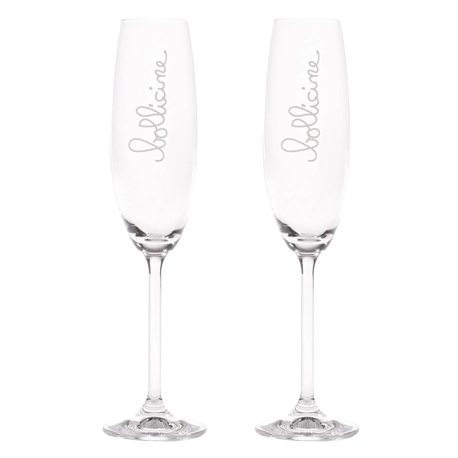 Set 2 calici flute decoro "Bollicine", trasparente con scritta in bianco. Simple day
