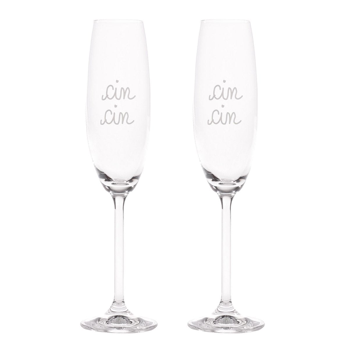Set 2 calici flute decoro "Cin cin", trasparente con scritta in bianco. Simple day