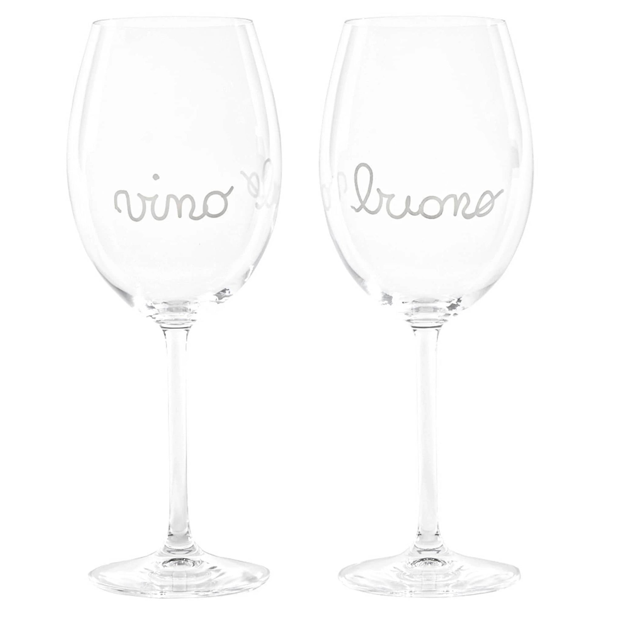 Set 2 calici vino decoro "Vino buono", trasparente con scritta in bianco. Simple day