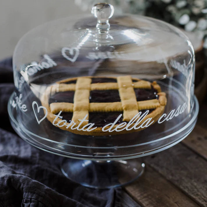Campana in vetro decoro "Torta della casa" in bianco diametro 28.5cm. Simple day