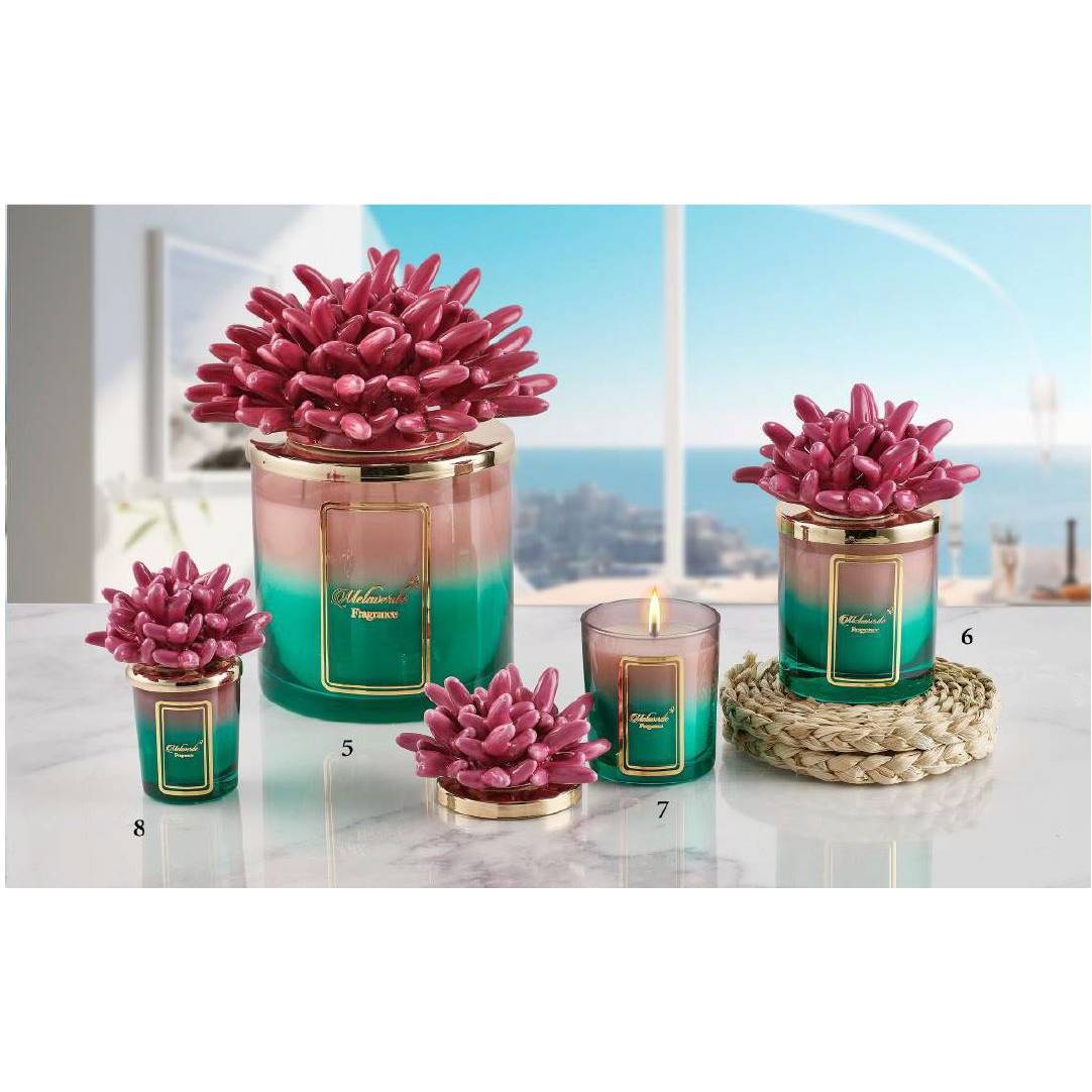 Candela media 200 gr. con tappo anemone fucsia, bicolore, in porcellana Capodimonte. Melaverde