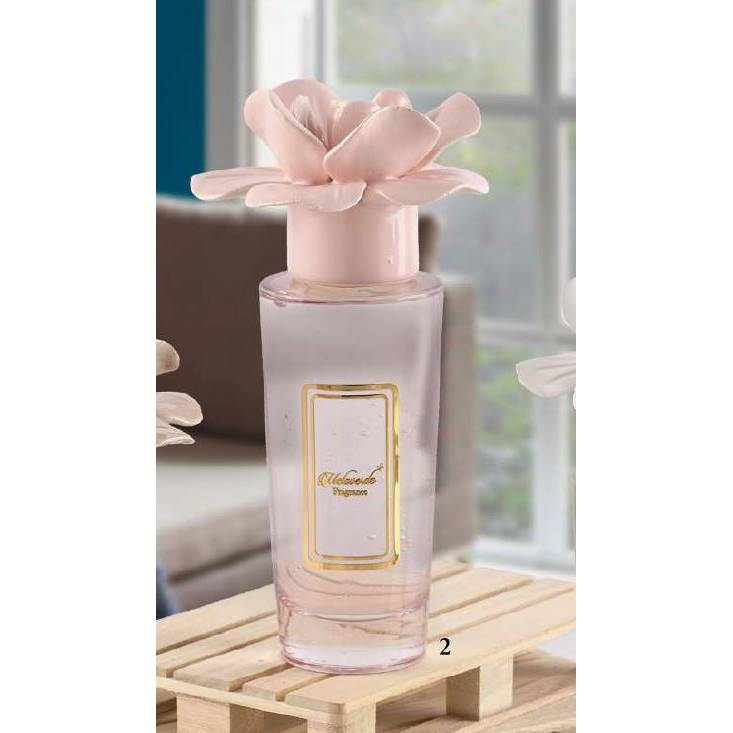 Profumatore alto 250 ml. con tappo fiore, colore rosa, in porcellana Capodimonte. Melaverde