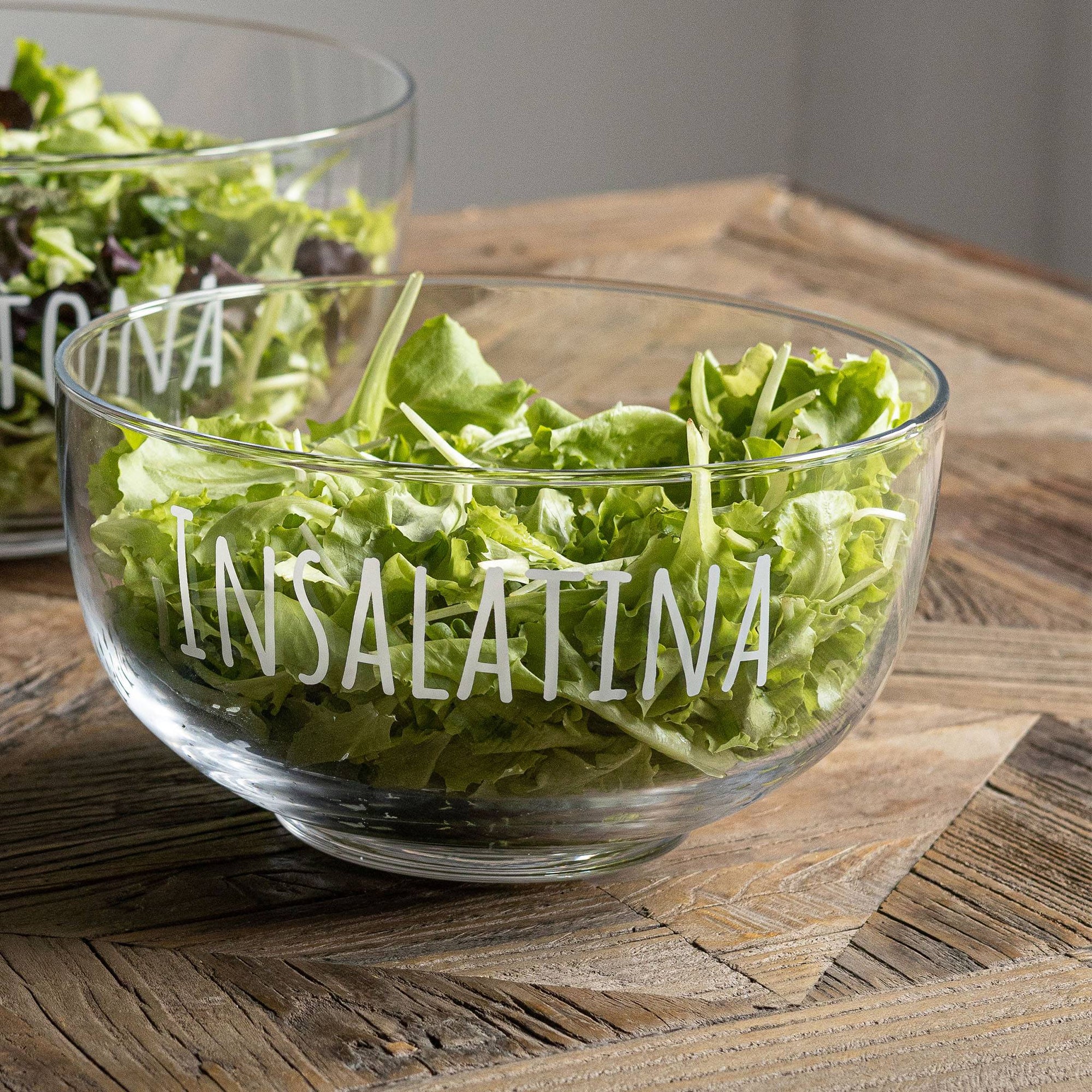 Insalatiera in vetro decoro "Insalatina", trasparente con scritta in bianco. Simple day