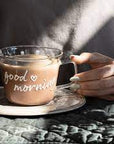Set 2 tazze in vetro borosilicato decoro "Good morning" trasparente. Simple day