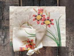 Set colazione puro lino, linea Garden eden, 4 tovagliette + 4 tovaglioli. The napking