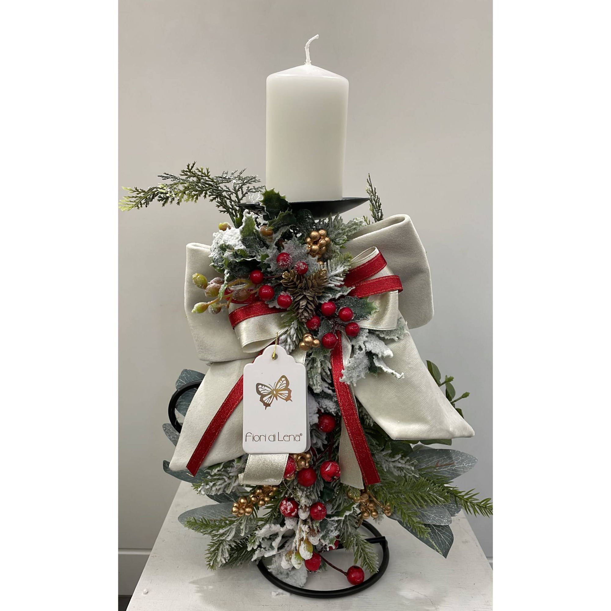 Portacandela 1 fiamma con decoro natalizio e fiocco in velluto. FIORI DI LENA