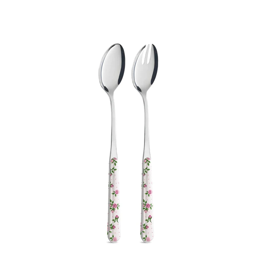 Coppia insalata posate ROSES acciaio inossidabile, con manico roselline. Neva Posate