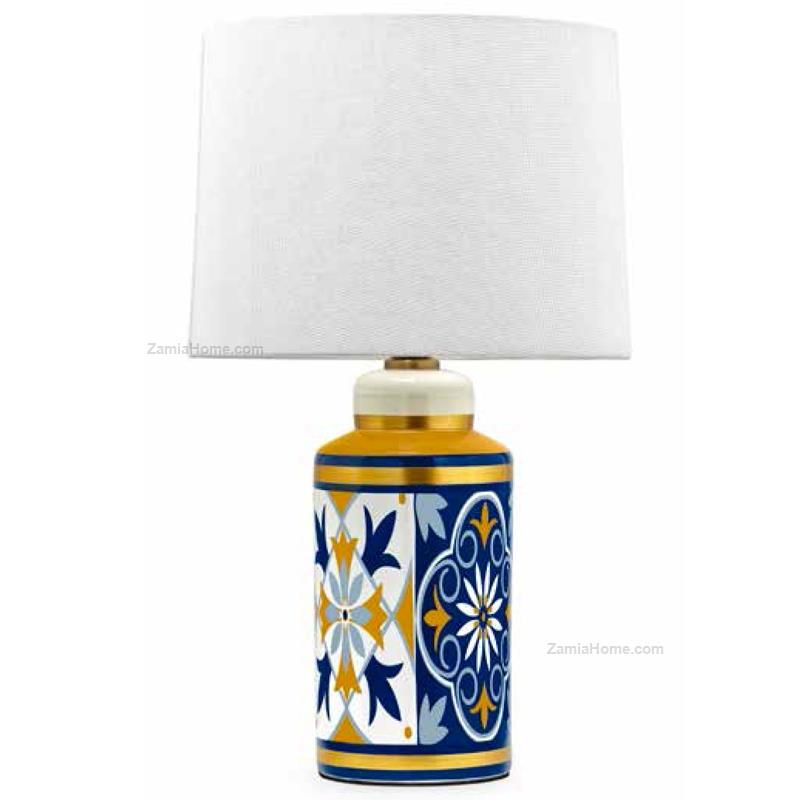 Lampada cilindrica "Alhambra", in Porcellana, colore blu bianco e oro. Marca Fade