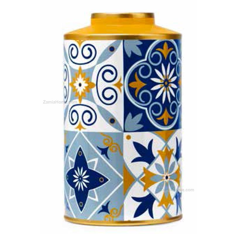 Vaso cilindrico "Alhambra", in Porcellana, colore blu bianco e oro. Marca Fade