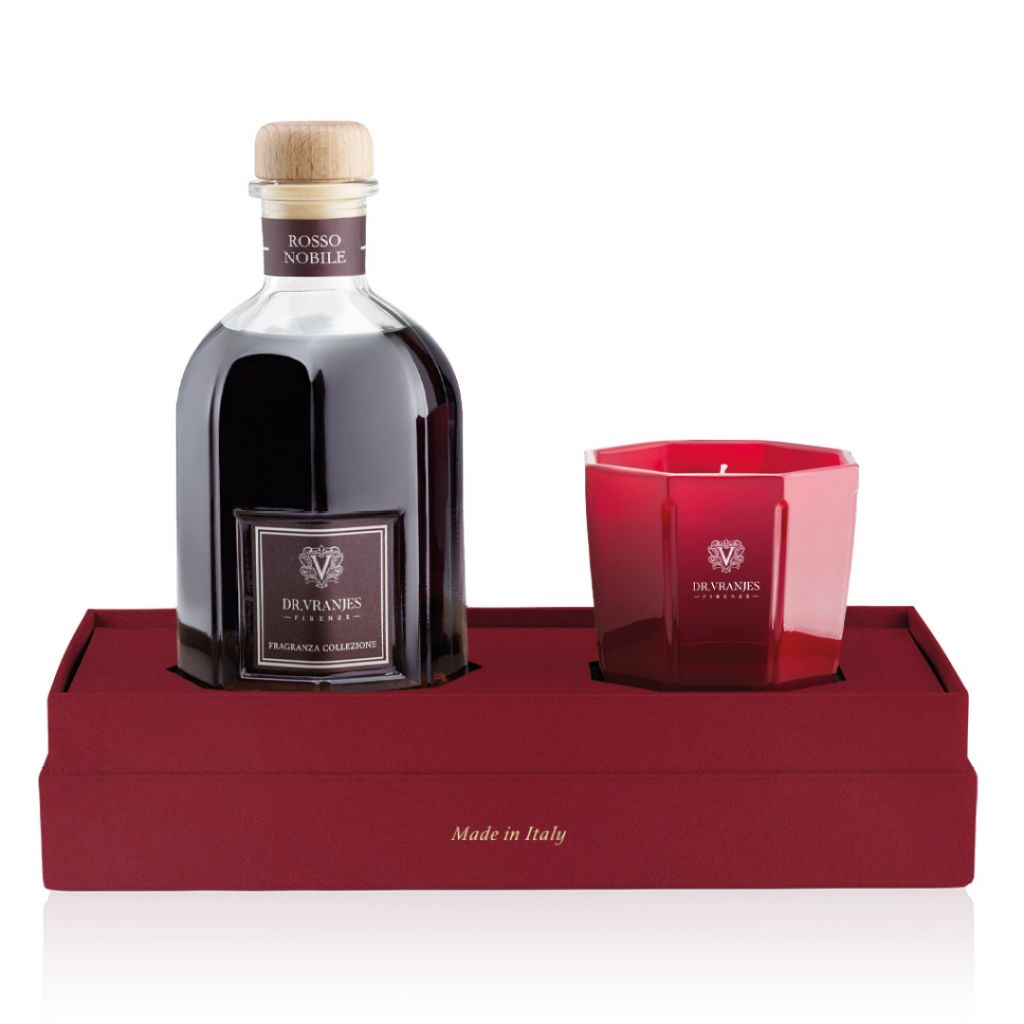 Gift box XMAS EDITION Diffusore 250 ml ROSSO NOBILE con bastoncini neri + candela 80grammi. Dr. Vranjes