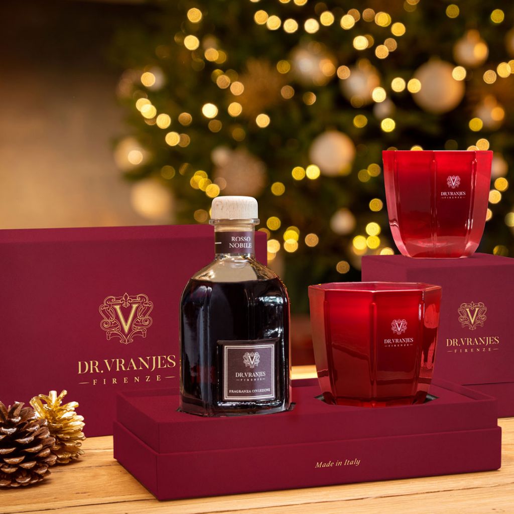 Gift box XMAS EDITION Diffusore 250 ml ROSSO NOBILE con bastoncini neri + candela 80grammi. Dr. Vranjes