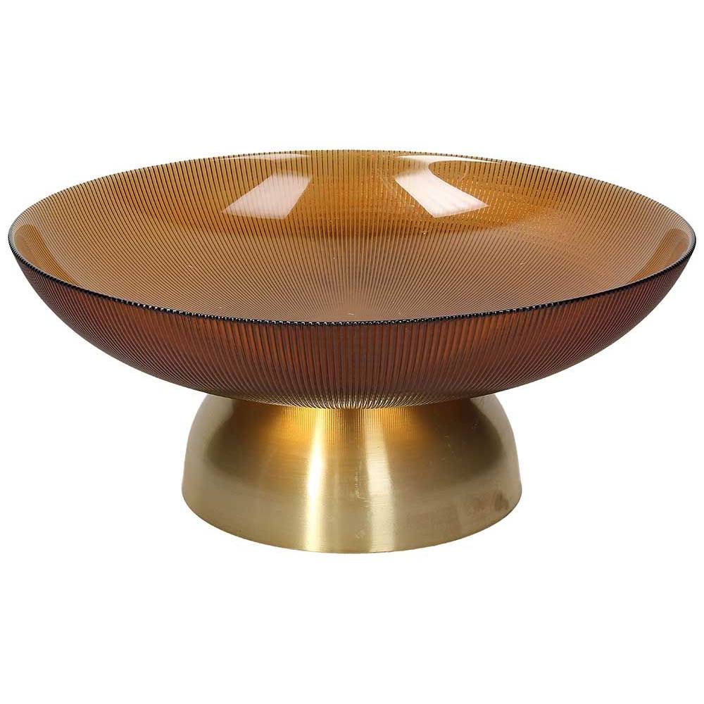 Centrotavola ambra con piede oro H 15 cm, in vetro, lavorazione a rilievo. Tognana