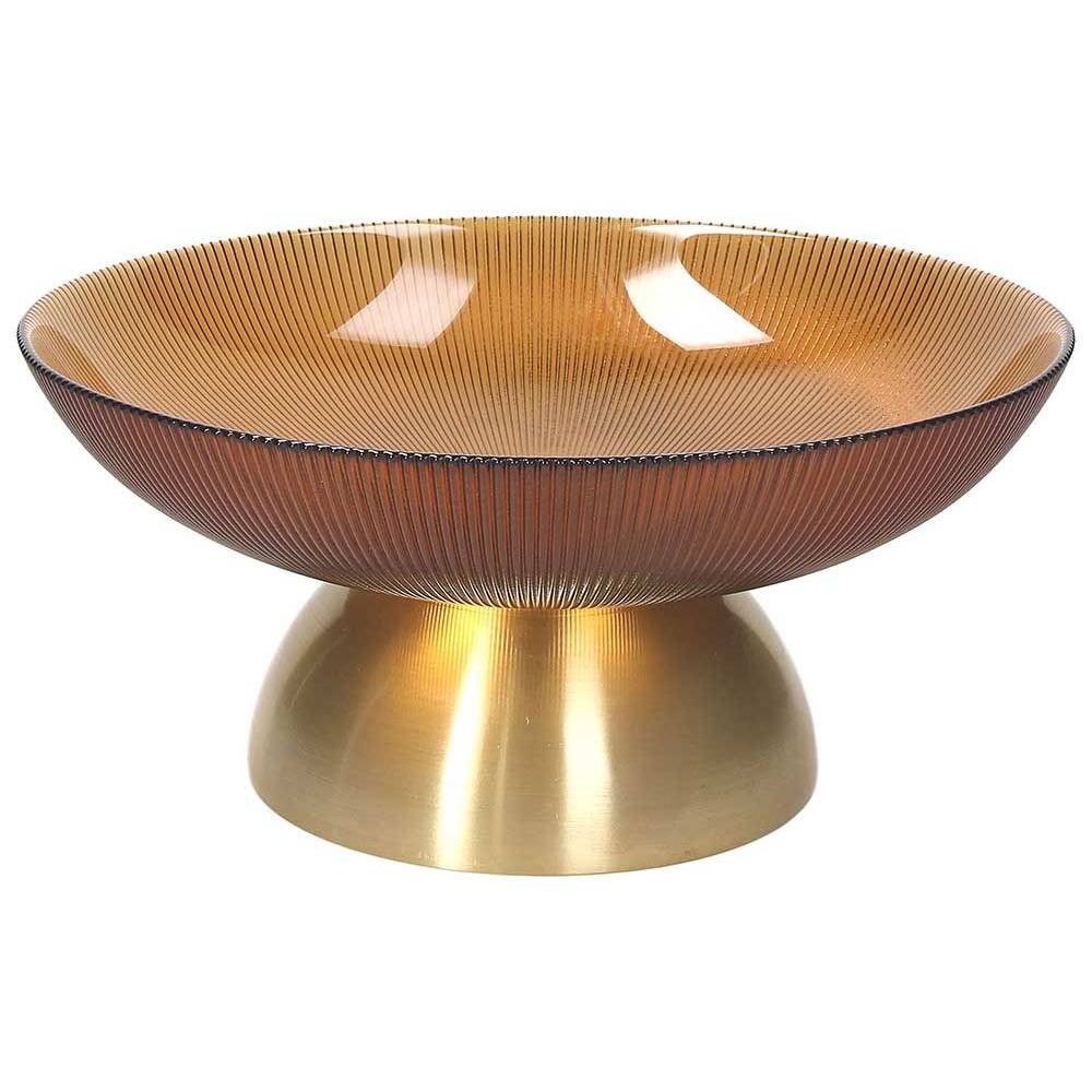 Centrotavola ambra con piede oro H 12 cm, in vetro, lavorazione a rilievo. Tognana