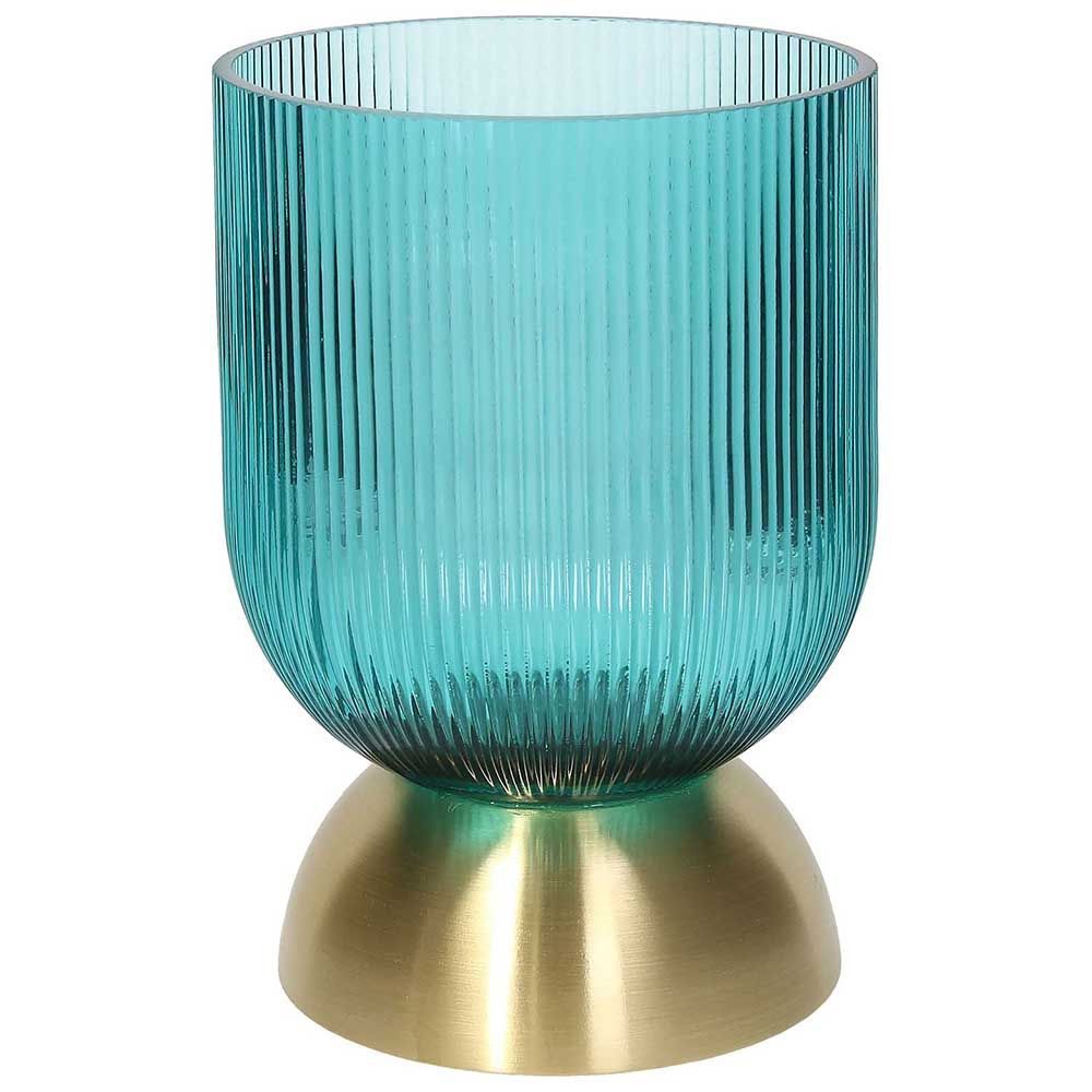 Vaso turchese con piede oro H 24 cm, in vetro, lavorazione a rilievo. Tognana