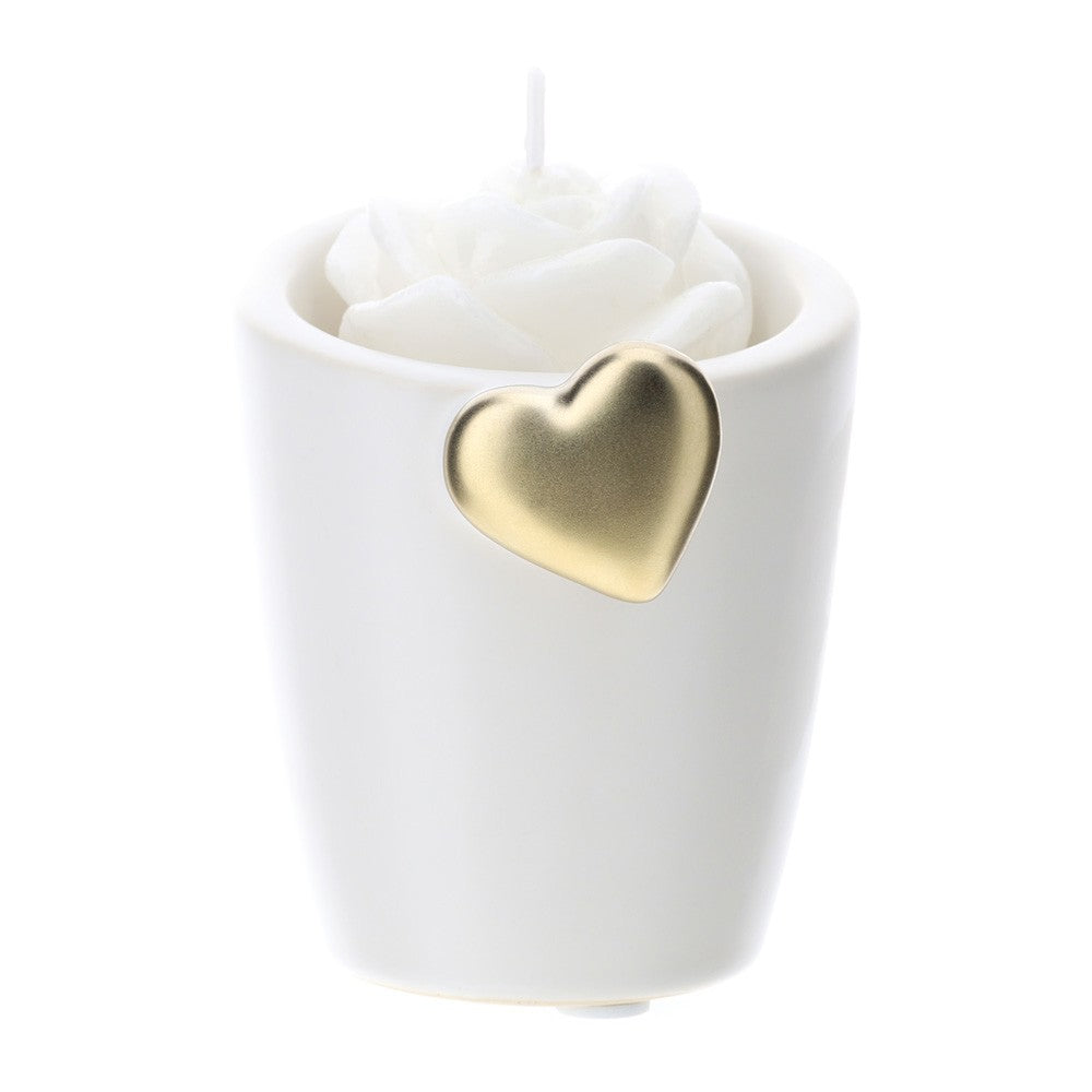 Portacandela bianco con cuore oro e candela, in gres. Hervit Creations