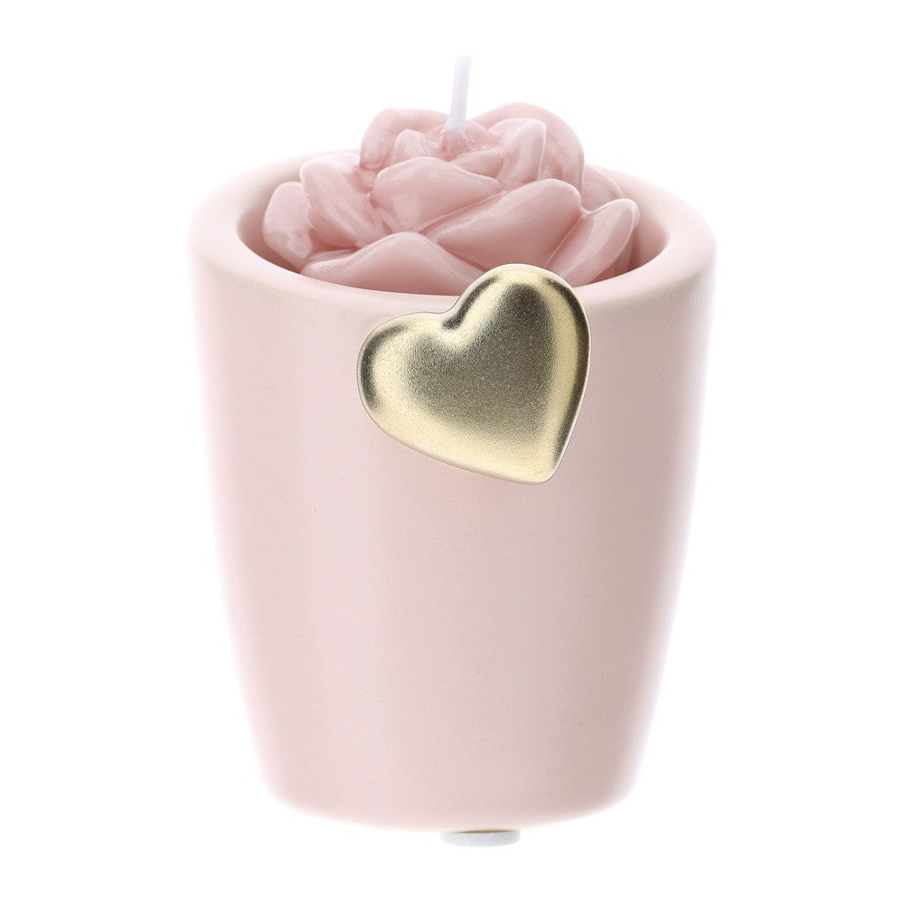 Portacandela rosa con cuore oro e candela, in gres. Hervit Creations