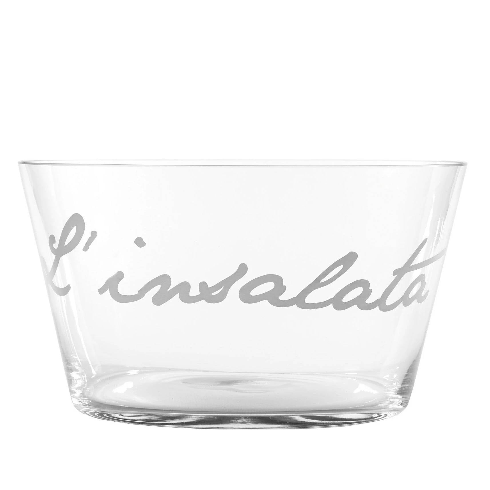 Insalatiera in vetro decoro "L'insalata" diametro 26,5 x H. 14cm., trasparente con scritta in bianco. Simple day