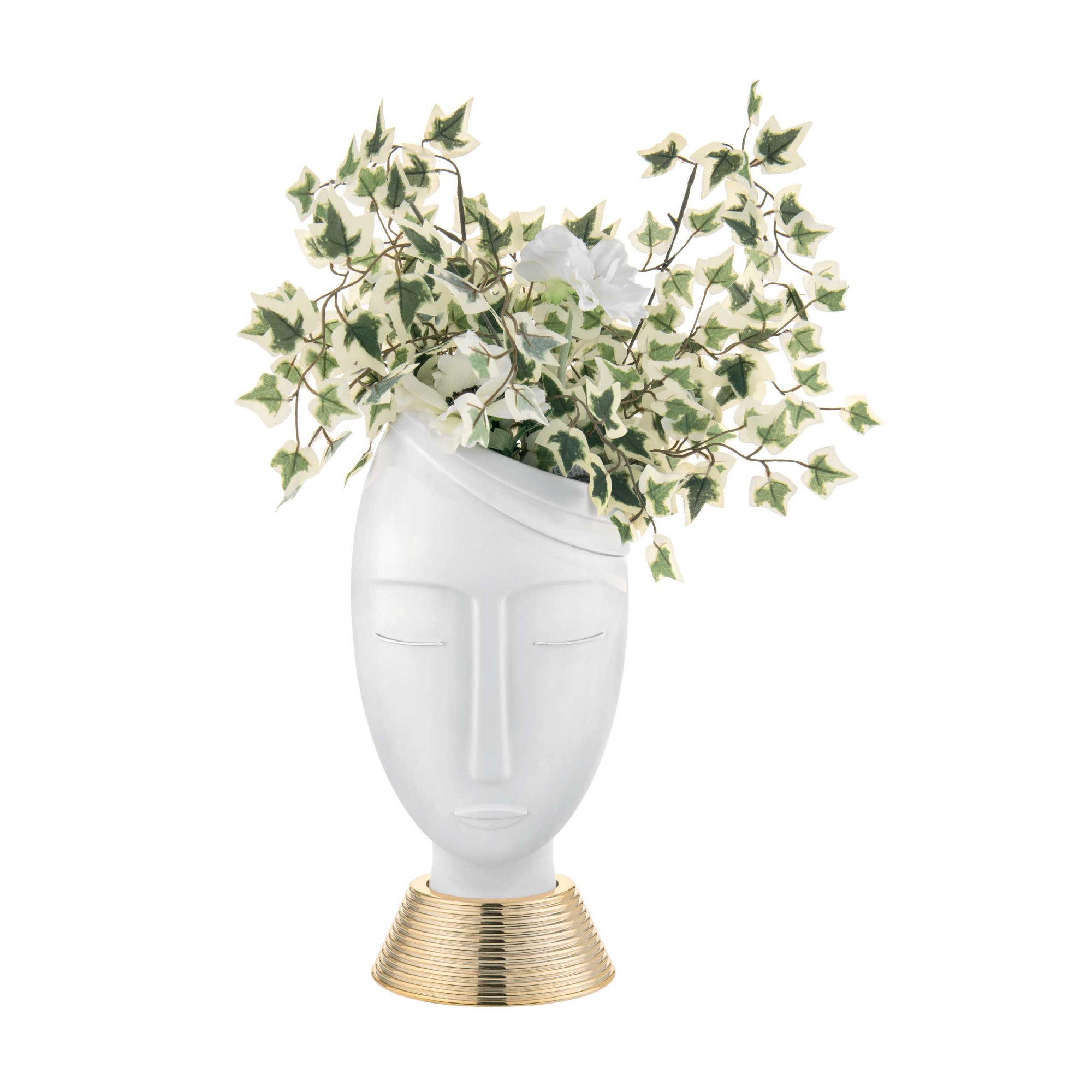 Vaso testa uomo, misura media, H.32cm. bianco e oro. Bongelli