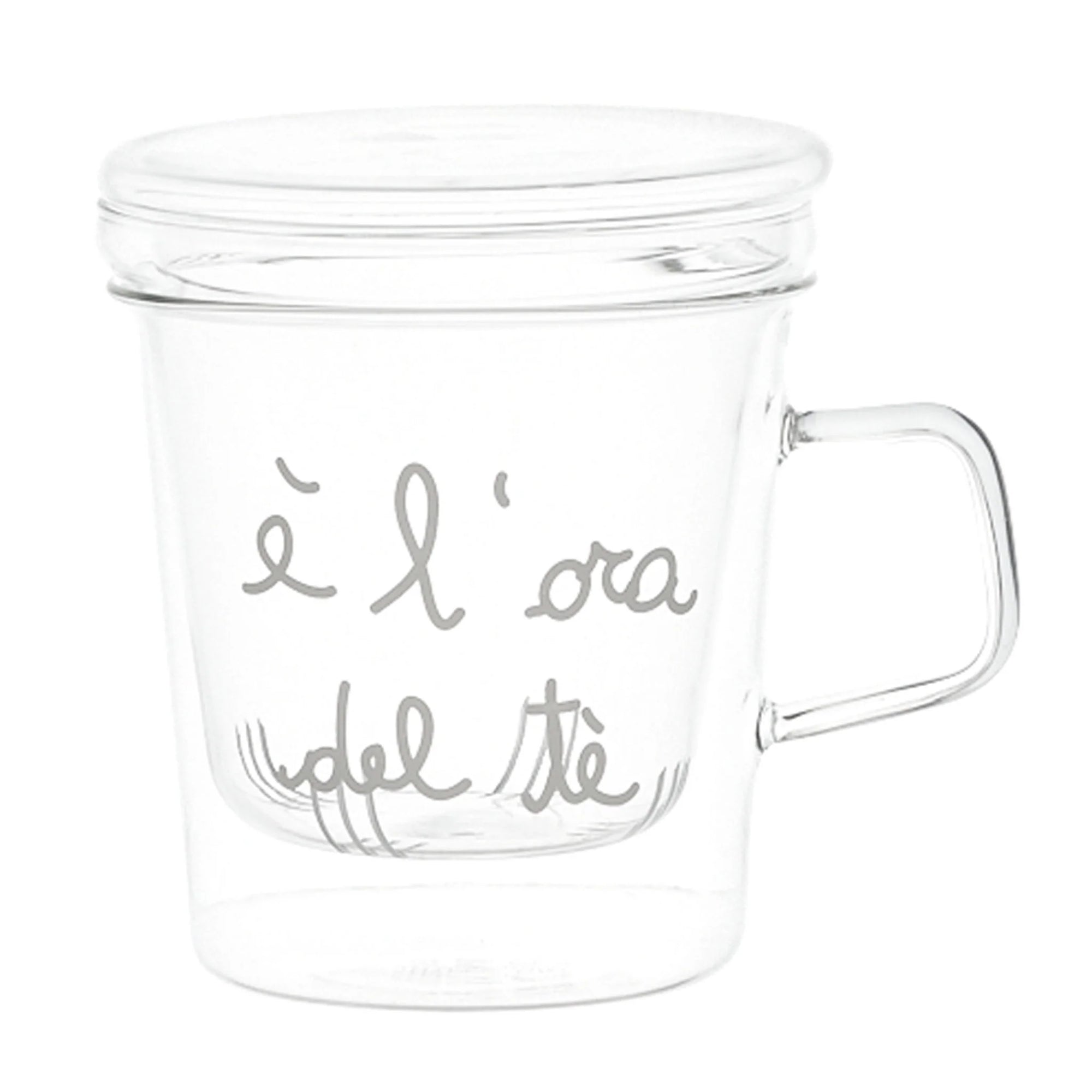 Mug con infusore decoro &quot;L&#39;ora del tè&quot;, trasparente con scritta bianca. Simple day