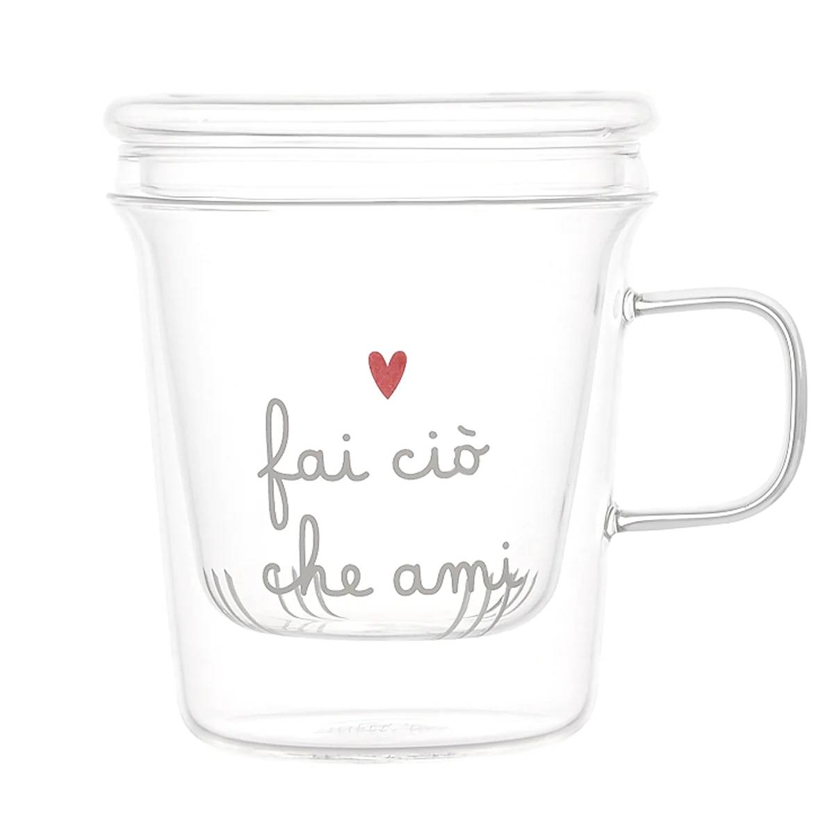 Mug con infusore decoro "Fai ciò che ami", trasparente con scritta bianca e cuore rosso. Simple day