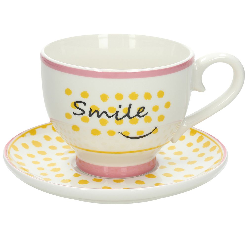 Tazza con piatto, misura jumbo, Smile, colore rosa e giallo. Tognana