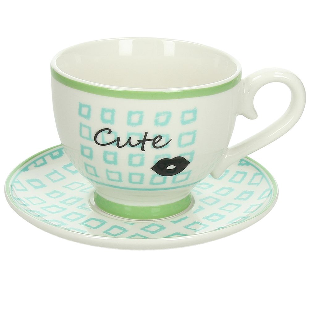 Tazza con piatto, misura jumbo, Cute, colore verde e azzurro. Tognana