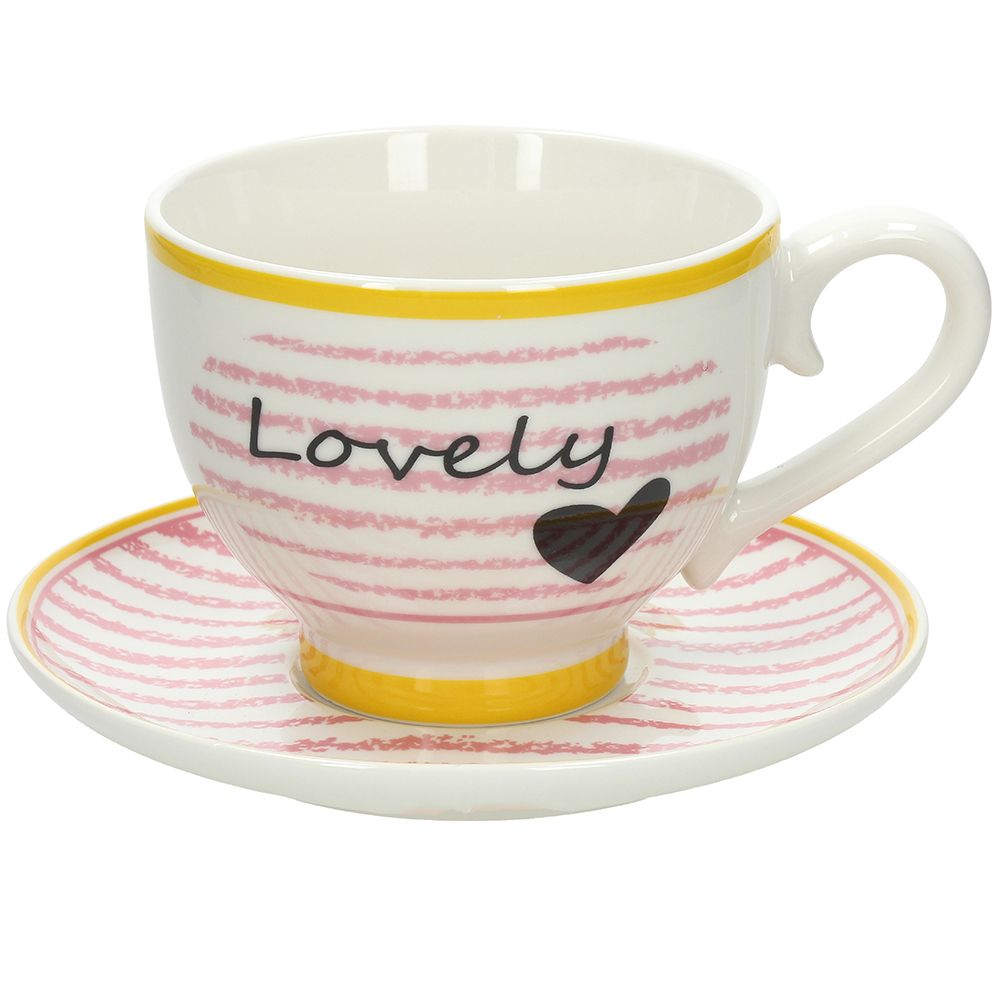 Tazza con piatto, misura jumbo, Lovely, colore rosa e giallo. Tognana