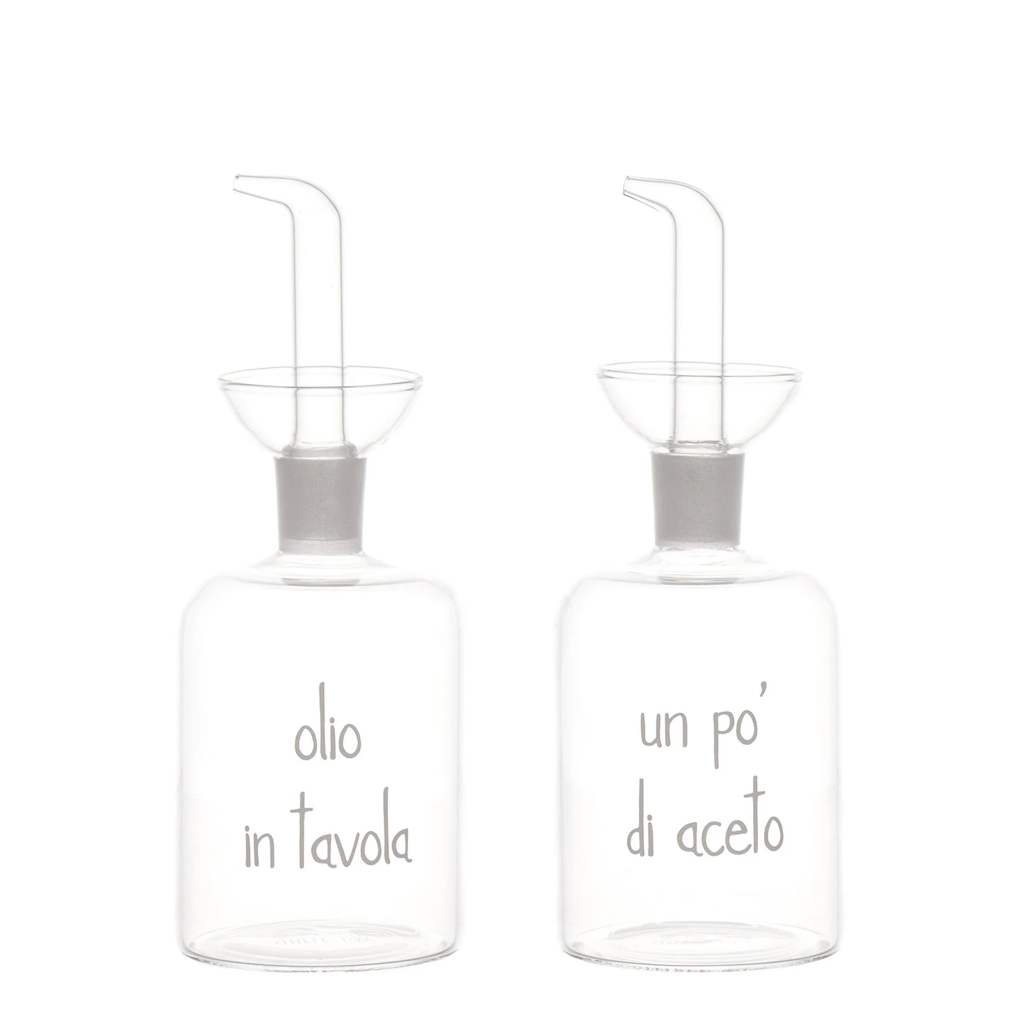 Set 2 bottiglie &quot;Olio in tavola&quot; e &quot;Un po&#39; di aceto&quot; scritta bianco. Simple day