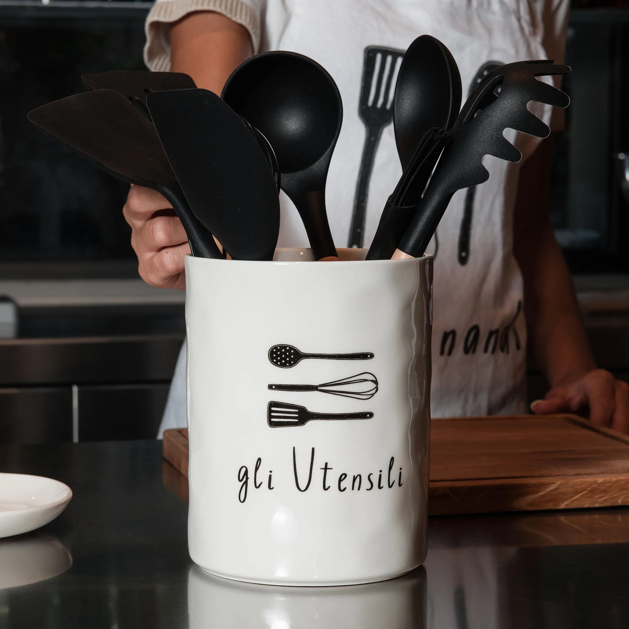 Portamestoli e posate bianco con decoro "Gli Utensili". Simple day