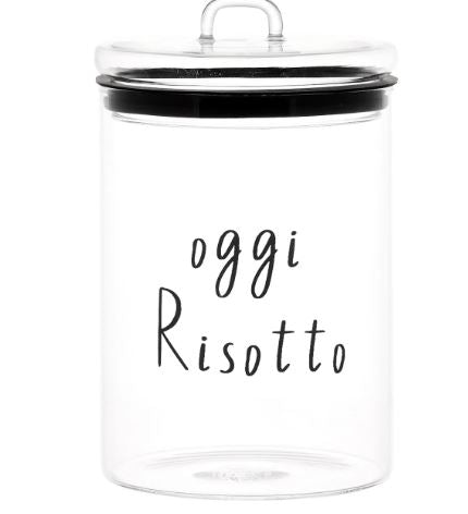 Barattolo in vetro borosilicato decoro "Oggi risotto" trasparente con scritta in nero. Simple day