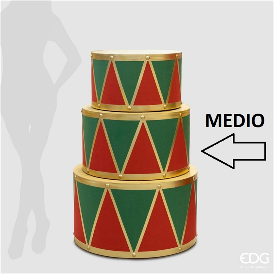 Tavolo tamburo, misura media H35cm D60cm Rosso Verde Oro. Edg