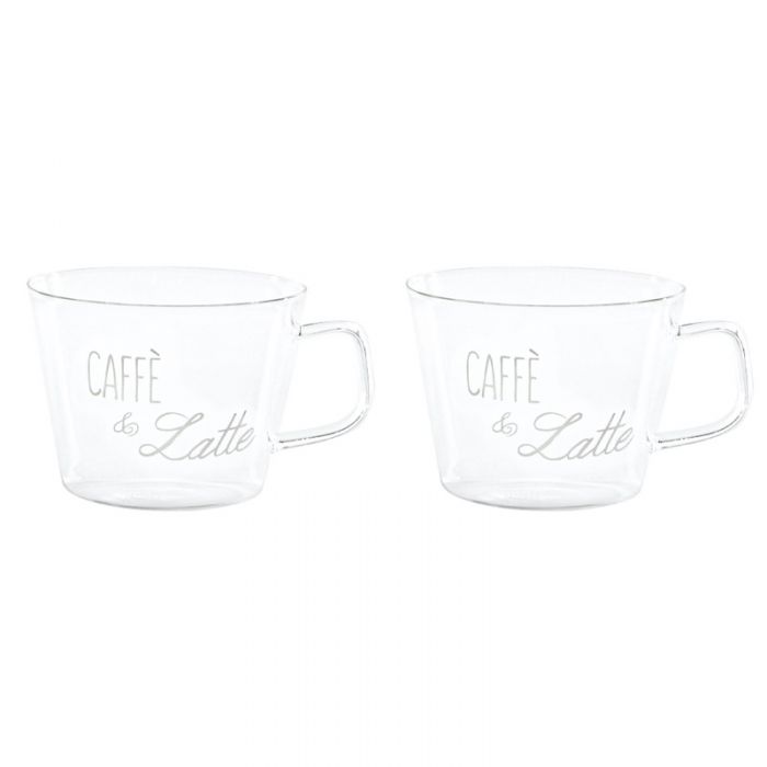 Set 2 tazze in vetro borosilicato decoro "Caffè e latte" trasparente. Simple day