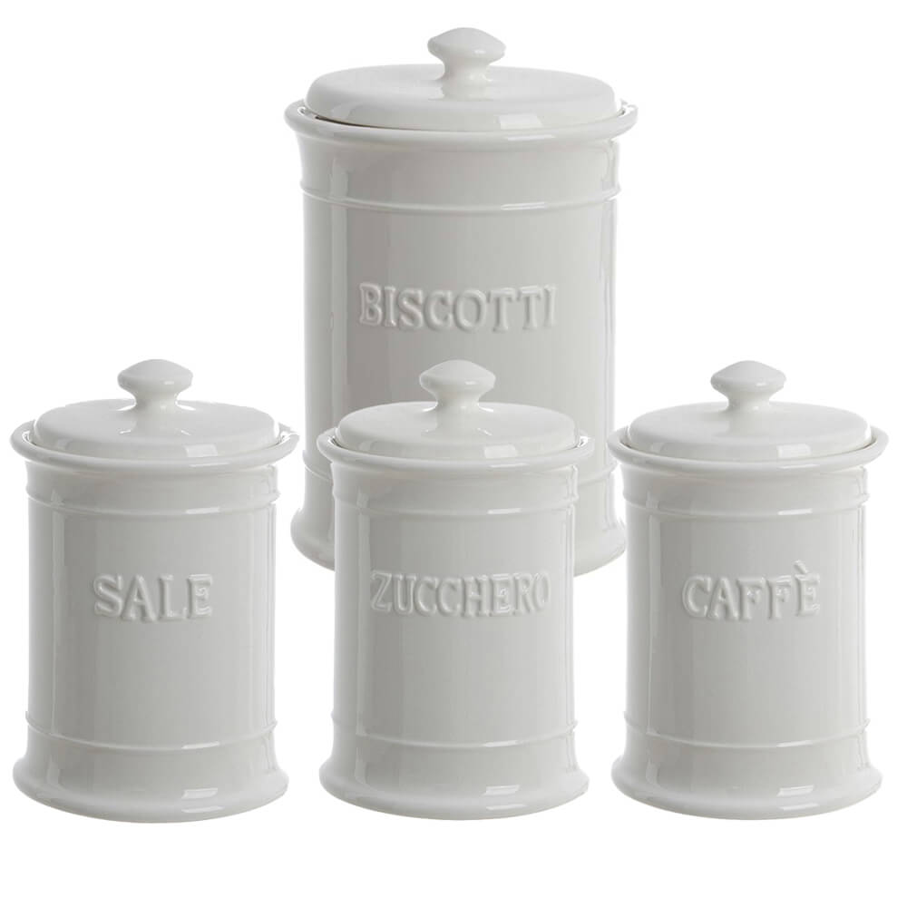 Barattolo con coperchio in ceramica bianca con scritta "Caffè". Blanc Mariclò