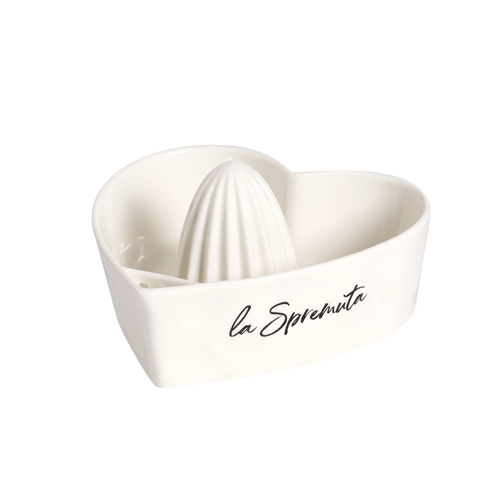 Spremiagrumi bianco con decoro "La spremuta" scritta in nero. Simple day