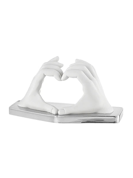 Scultura mani cuore, 16x9cm., misura piccola bianco base argento. Bongelli