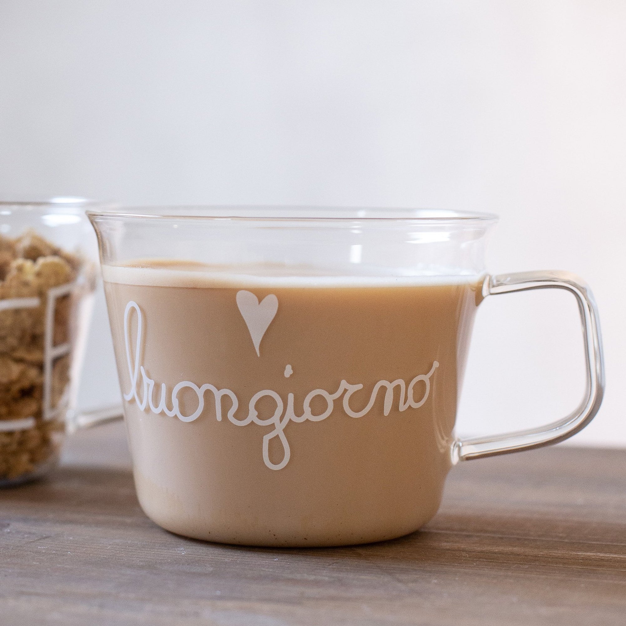 Set 2 tazze in vetro borosilicato decoro "Buongiorno" trasparente. Simple day