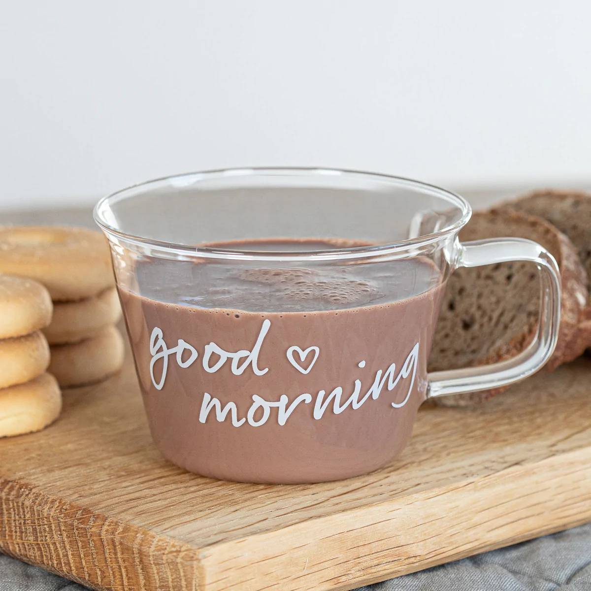 Set 2 tazze tè/cappuccino in vetro borosilicato decoro "Good morning" trasparente. Simple day
