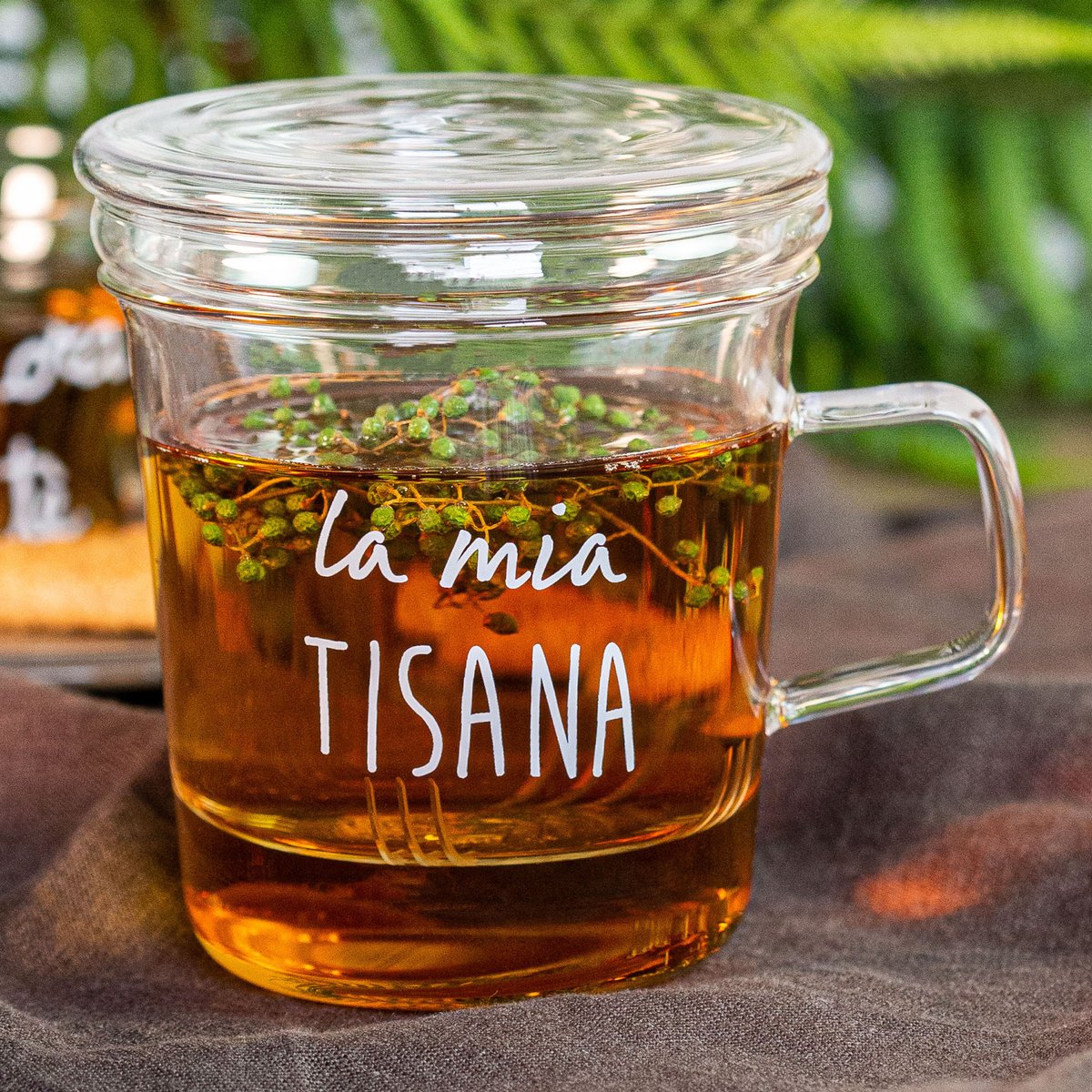 Mug con infusore decoro "La mia tisana", trasparente. Simple day