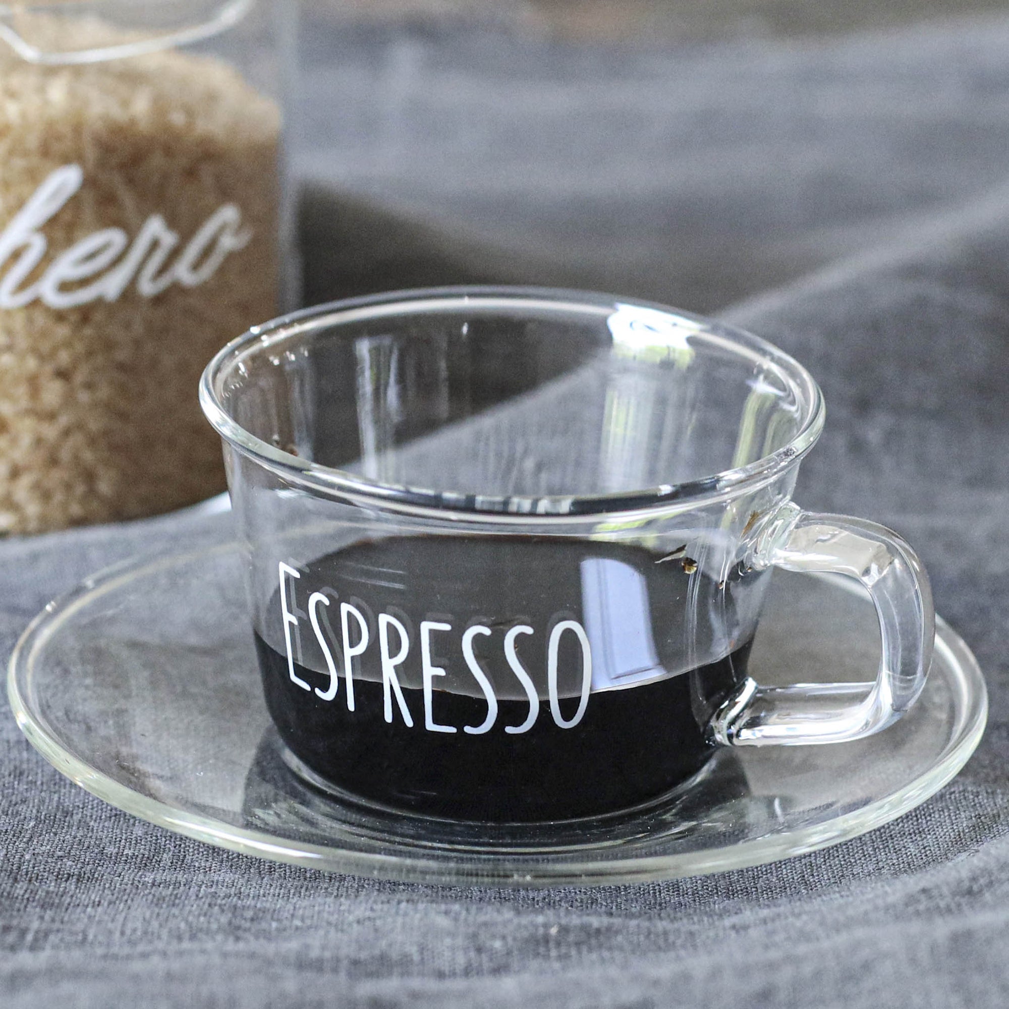 Set 2 tazze caffè espresso in vetro borosilicato decoro "Espresso" trasparente. Simple day