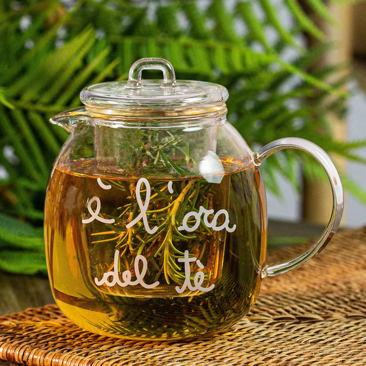 Teiera con infusore decoro "L'ora del tè", trasparente con scritta bianca. Simple day