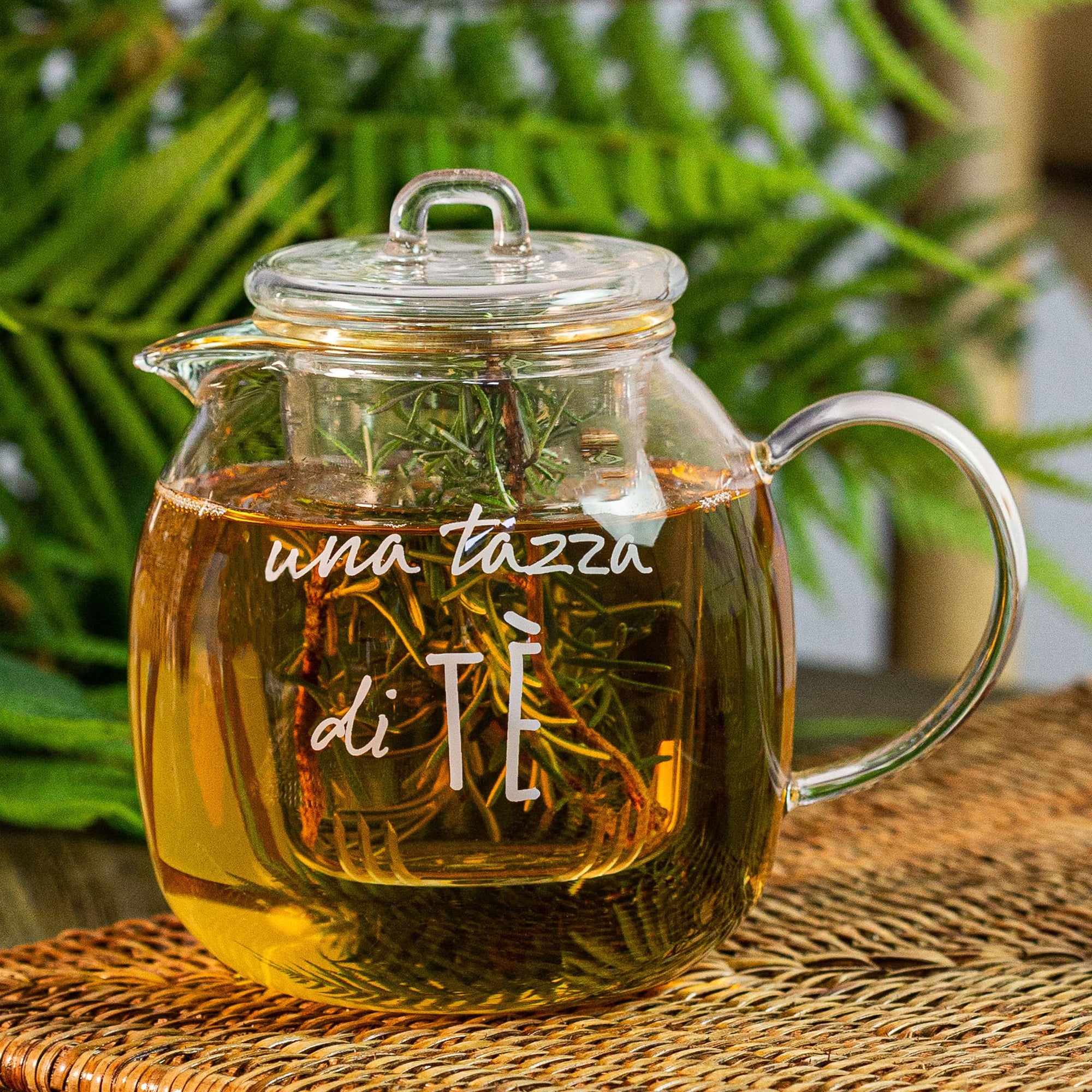 Teiera piccola con infusore decoro "Una tazza di tè", trasparente. Simple day